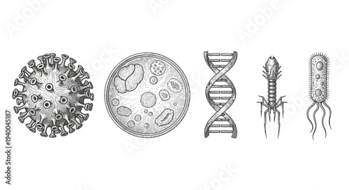 Illustrations of virus, cell, DNA, and bacteria in black and white.