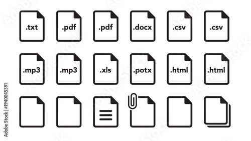 Document file icons with various extensions including TXT, PDF, DOCX, CSV, MP3, XLS, POTX, and HTML in a grid layout.