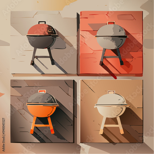Set of four stylized kettle barbecue grills in a modern graphic art style.