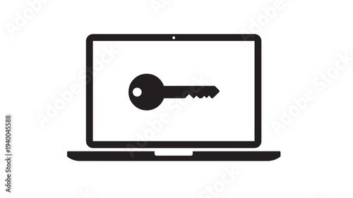 Laptop with a key icon symbolizing digital security, access, and login on a white background featuring computer, password, data with privacy and