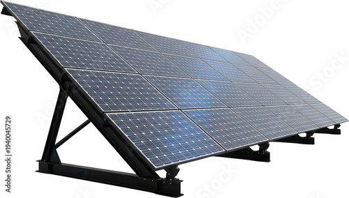 An array of blue photovoltaic solar panels mounted on a dark metal support structure angled upwards towards an unseen light source renewable energy solar power energy electricity