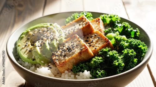 Healthy Tofu Poke Bowl with Avocado and Kale, Vegan Meal Prep