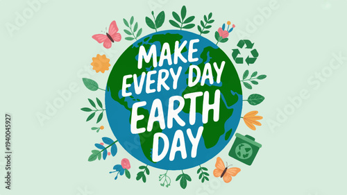 Vibrant earth day vector illustration with globe leaves and eco friendly symbols on a light green background