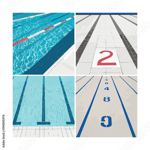 Four swimming pool lanes with water and lane markers and poolside numbers blue