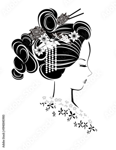 女性の顔、日本髪、着物