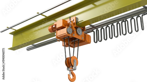 Industrial overhead crane with hook and cables suspended from a yellow I beam on a rail system showcasing its machinery industrial crane hoist lifting equipment heavy industry