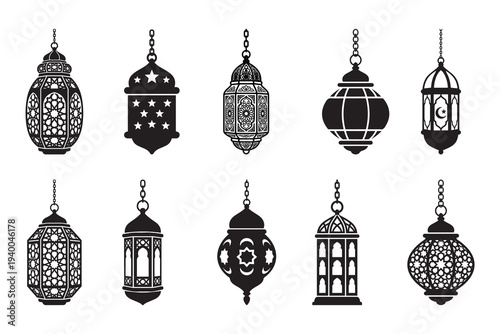 A collection of ornate black lanterns with varying geometric designs and hanging chains