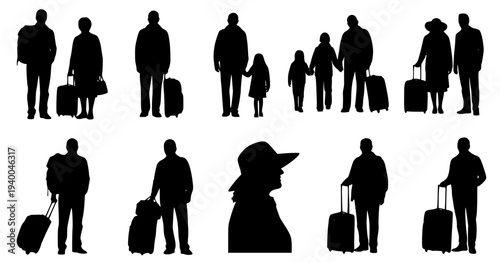 Travelers and tourists silhouettes vector set. People, families, and passengers with luggage isolated on white background