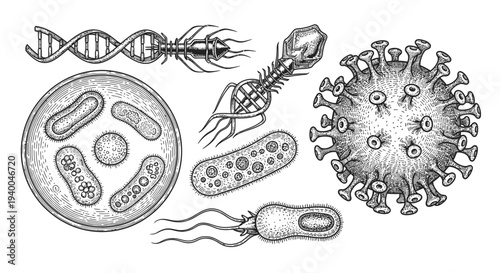 Detailed illustrations of various microorganisms and a DNA double helix.