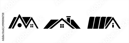 Collection of stylized house roof icons with chimneys and windows