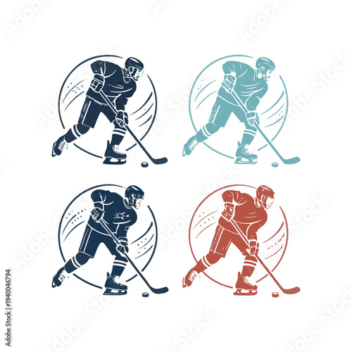 Four hockey players in circular frames dark blue teal red sport game