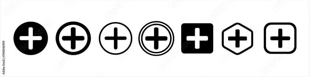 Fototapeta premium Collection of diverse plus sign icons for adding content or functionality in user interfaces