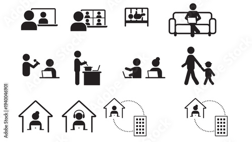 People icons depicting remote work, video conferencing, online meetings, and family care activities.