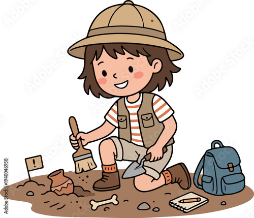 Kid archaeologist discovering fossils cartoon illustration