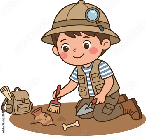 Kid archaeologist discovering fossils cartoon illustration