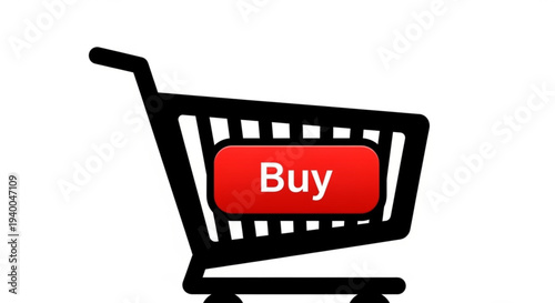 Shopping cart icon with red buy button on white background, viewed from the side, in a simple illustration style