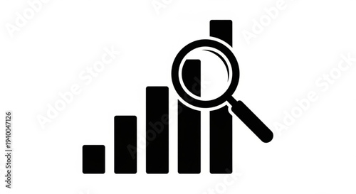 A magnifying glass examining a rising bar graph, illustrating data analysis and inspection viewpoint