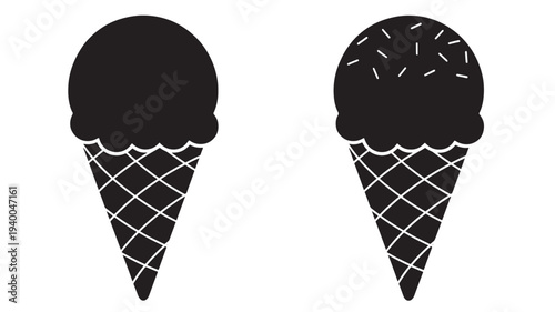 Ice cream cones, one plain and one with sprinkles, rendered in a simple black silhouette for graphic design.