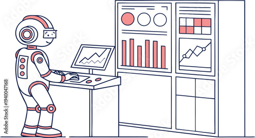 Artificial Intelligence Robot Illustration Set for Data Analysis, Research, and Future Technology