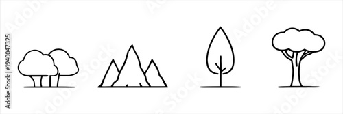 Versatile collection of linear nature icons depicting trees, mountains, and flora for graphic design
