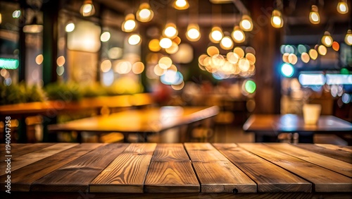 Empty Wooden Table for Product Display with Blurred Restaurant Bar Bokeh Background at Night 