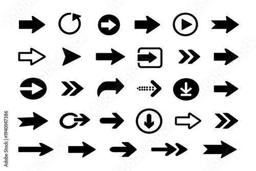 Comprehensive array of various black arrow symbols for interface navigation and visual cues