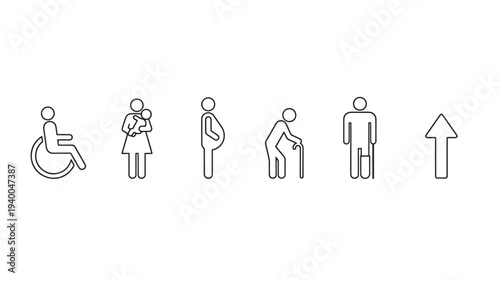 Icons representing diverse people groups: wheelchair user, mother and child, pregnant woman, elderly person, man, and upward arrow