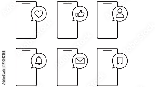 Smartphones display notifications including heart, thumbs up, profile, bell, envelope, and bookmark icons in a clean line art style.