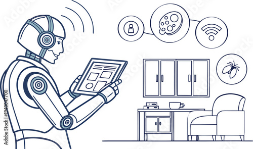 Artificial Intelligence Robot Illustration Set for Data Analysis, Research, and Future Technology