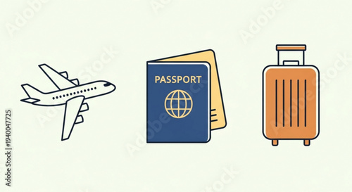 Travel essentials airplane passport and luggage on a light background symbolizing vacation and adventure