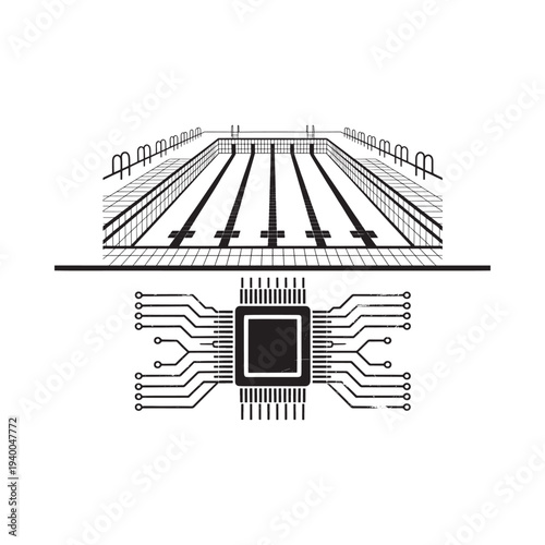 Abstract illustration combining a bowling alley with a computer chip