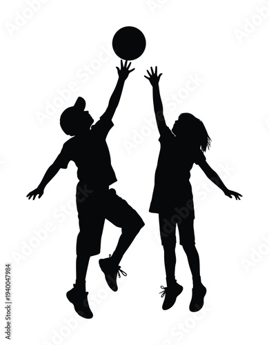 Vector showing two people jumping and reaching for a basketball