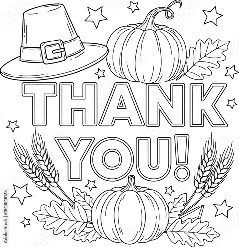 Thank you fall coloring page with pumpkin hat and leaves free printable