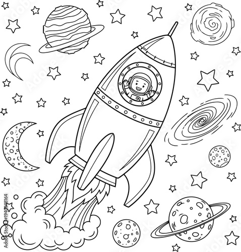 Coloring page of a rocket ship blasting off into space with planets and stars
