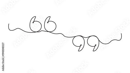 Quotation mark icons in a continuous line drawing style with playful curves on a white background. featuring quote, speech bubble, icon with symbol