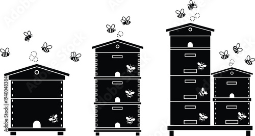 Stylized black and white vector illustration of beehives with flying bees, apiculture concept, honey production, beekeeping growth stages, hive development