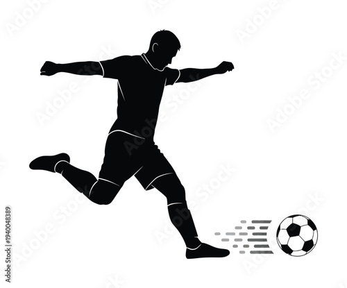 Vector silhouette of a soccer player kicking a ball in a dynamic action pose