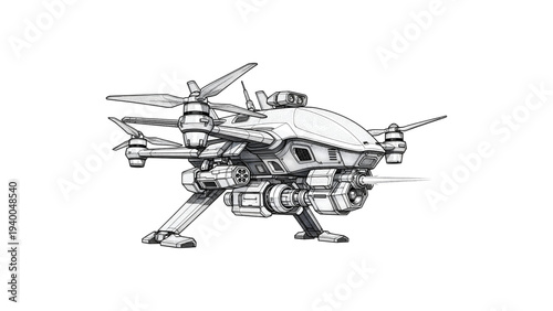 Black and White Robot Drawings Modern Weapon Drone Futuristic Vector Set