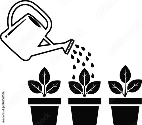 Black and white illustration of watering can nurturing three potted plants symbolizing growth, gardening, and environmental care