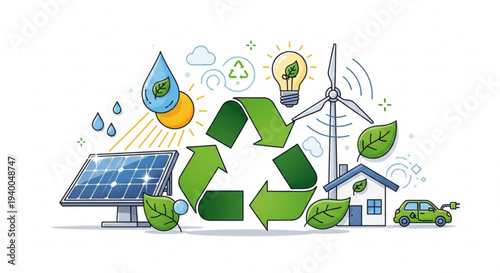 Eco friendly home with solar panel wind turbine and green car surrounded by recycling symbol and sustainable living icons representing environmental conservation and renewable