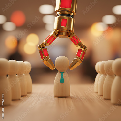 Artificial intelligence machine selecting human figures from group. Concept of AI recruitment, automation control, workforce management, algorithm decision making, AI in HR & Business Managemen