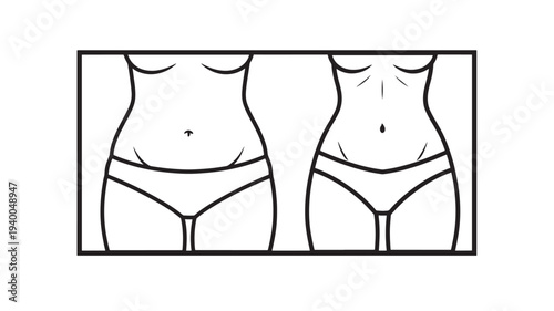 Female body outlines showing before and after weight loss transformation with diet and exercise featuring woman, silhouette, outline with healthy and