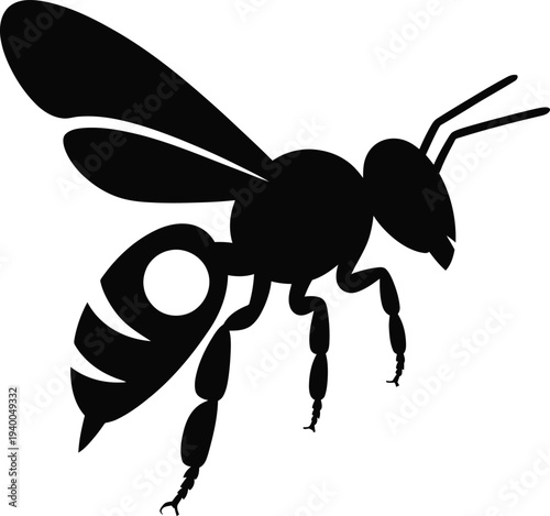 Black Silhouette Of A Wasp With Detailed Legs And Wings On White insect flying