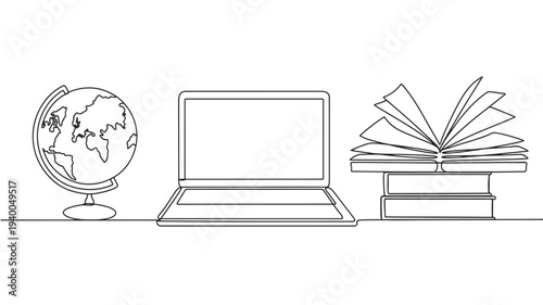 Globe laptop and open book stack line art icons representing global education, digital learning, and literature studies.