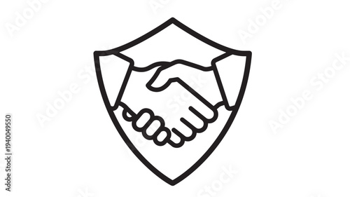 Shield icon with two hands shaking inside, symbolizing trust and partnership in business agreements and security.