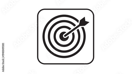 Target archery icon with arrow in center bullseye and circular rings inside a rounded square frame. featuring hit, dartboard, aim with goal and