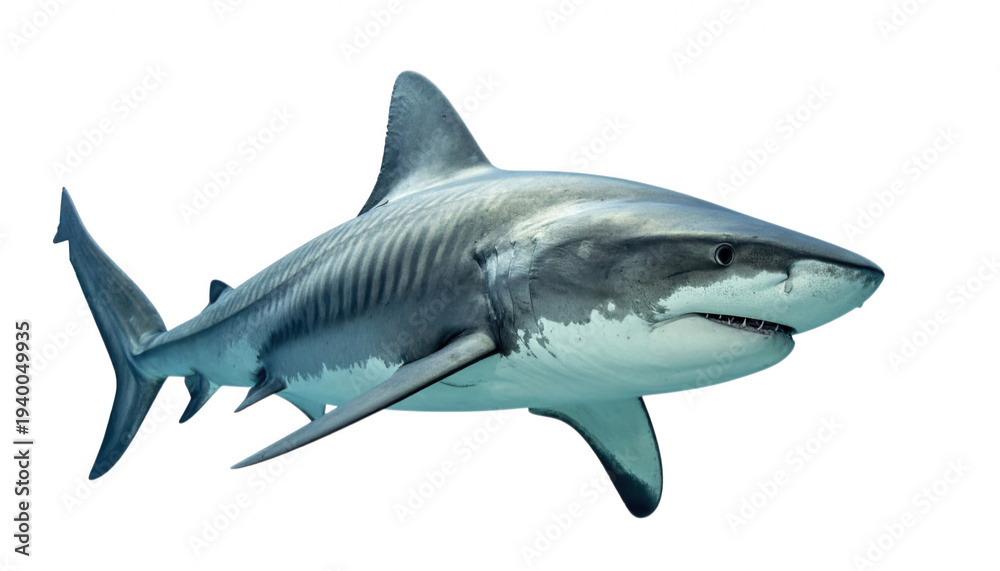 Fototapeta premium Large gray shark swimming with visible teeth and fins... isolated on a transparent background