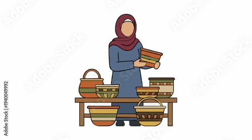 Woman In A Hijab Displays Handcrafted Pottery Bowls And Baskets On A Wooden Shelf Against A White Background
