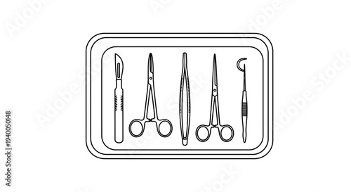 Surgical Instruments Set on Tray: Scalpel, Forceps, Scissors, Probe - Medical Tools