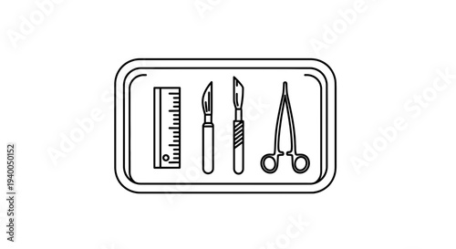 Surgical Instruments Tray: Scalpel, Forceps, Ruler - Medical Tools Icon
